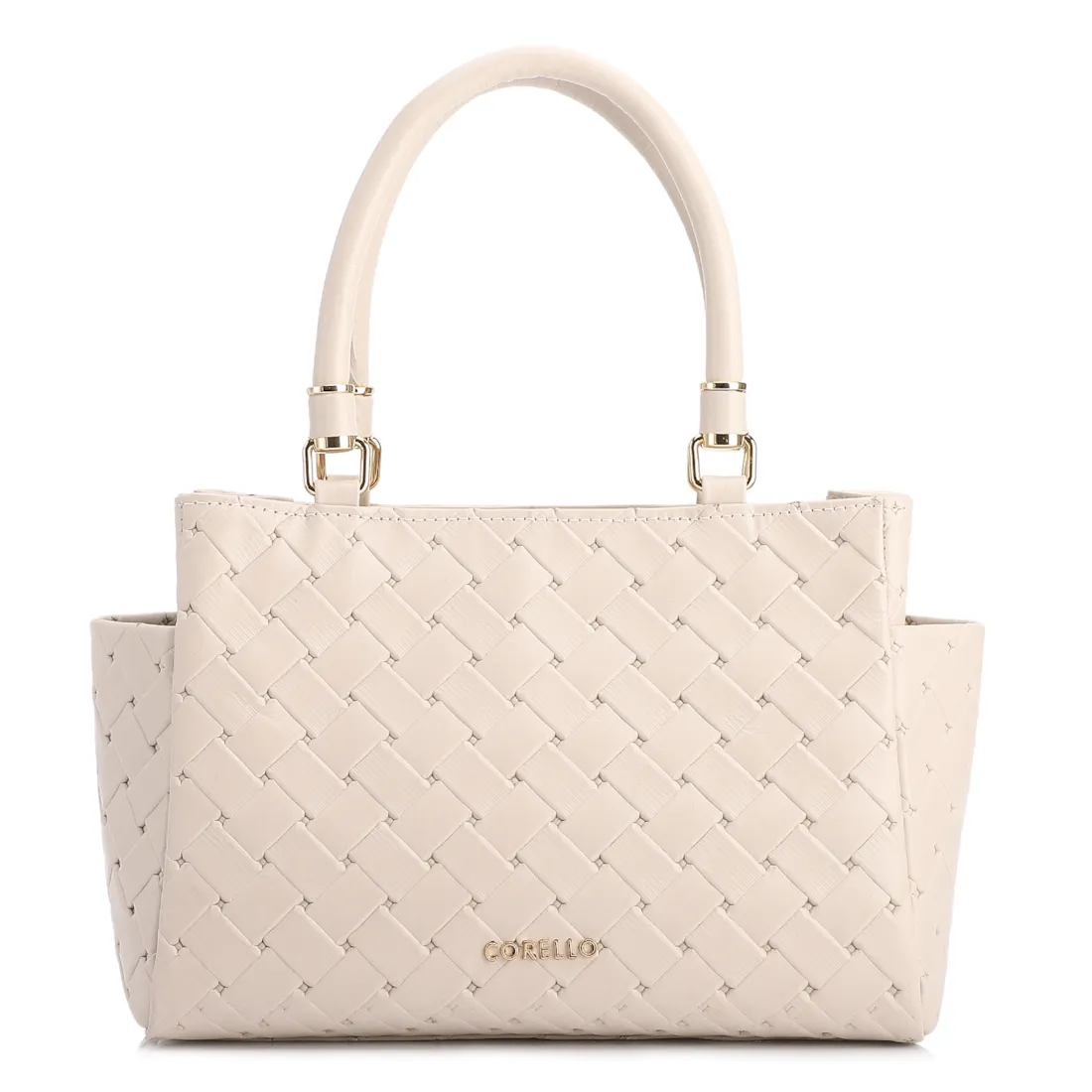 Bolsa De Mão Média Couro Textura Tressê Off White Bolso Lateral
