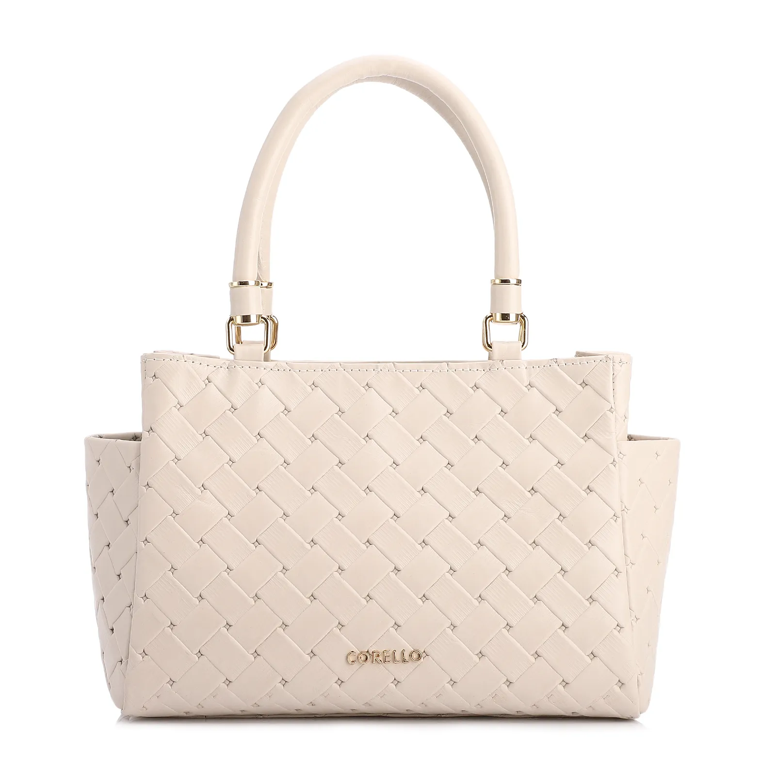 Bolsa De Mão Média Couro Textura Tressê Off White Bolso Lateral