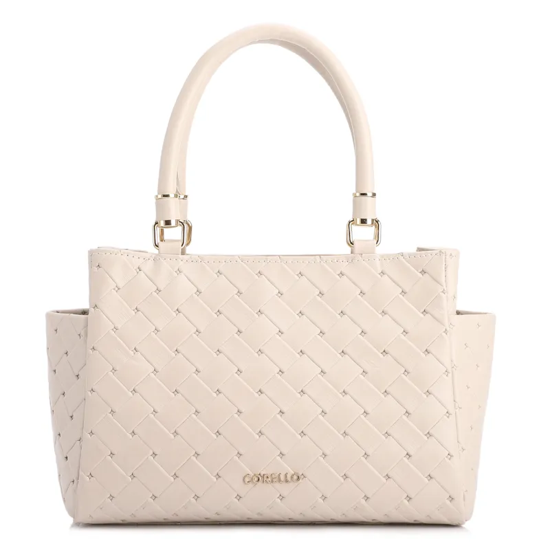 Bolsa De Mão Média Couro Textura Tressê Off White Bolso Lateral