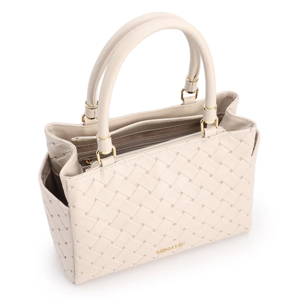Bolsa De Mão Média Couro Textura Tressê Off White Bolso Lateral - imagem 2