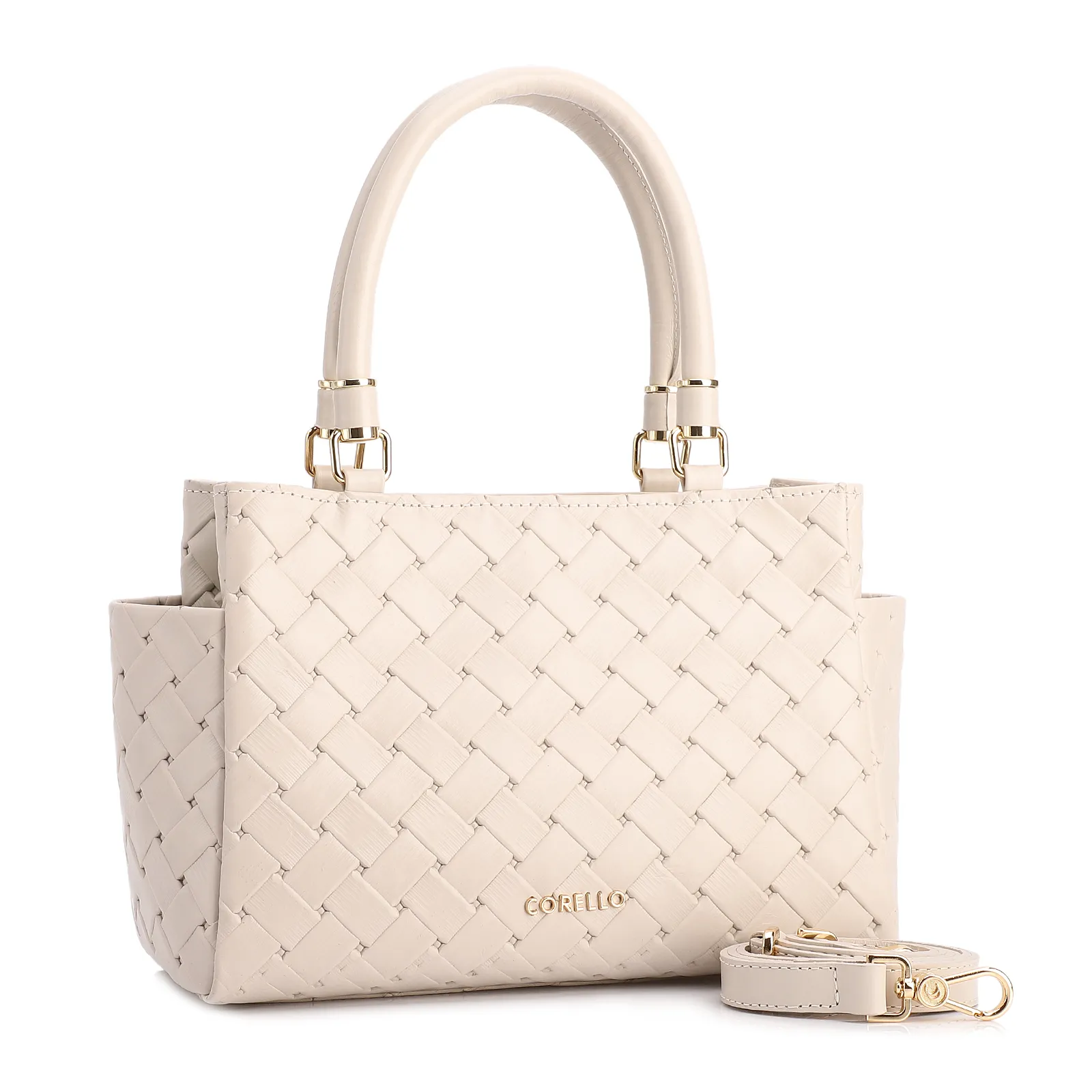 Bolsa De Mão Média Couro Textura Tressê Off White Bolso Lateral