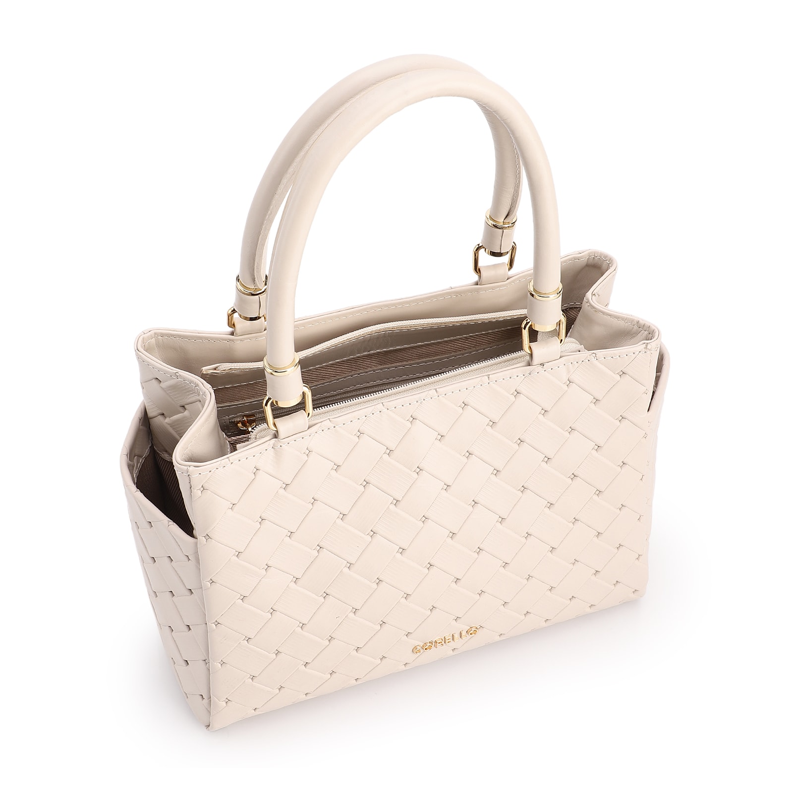 Bolsa De Mão Média Couro Textura Tressê Off White Bolso Lateral