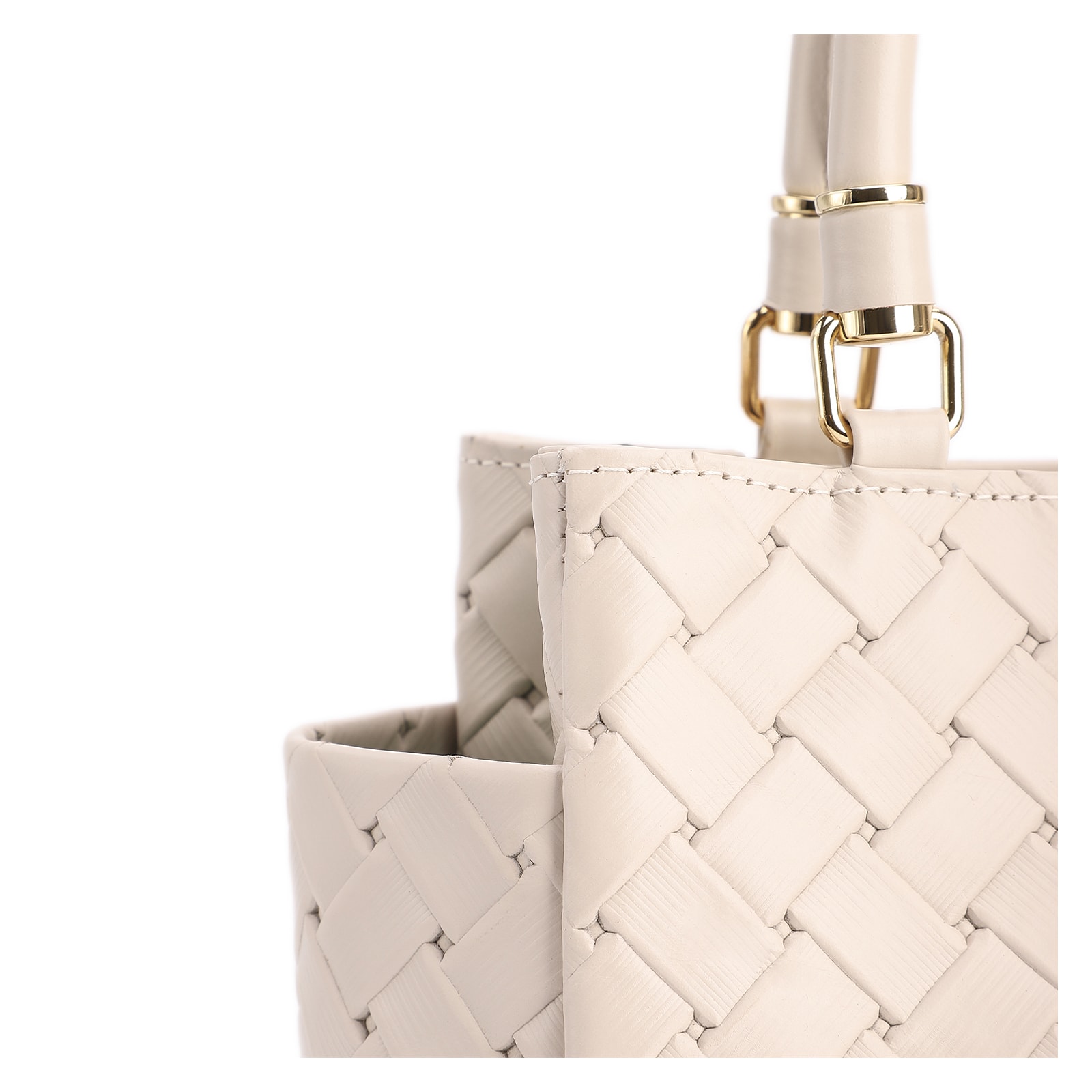 Bolsa De Mão Média Couro Textura Tressê Off White Bolso Lateral