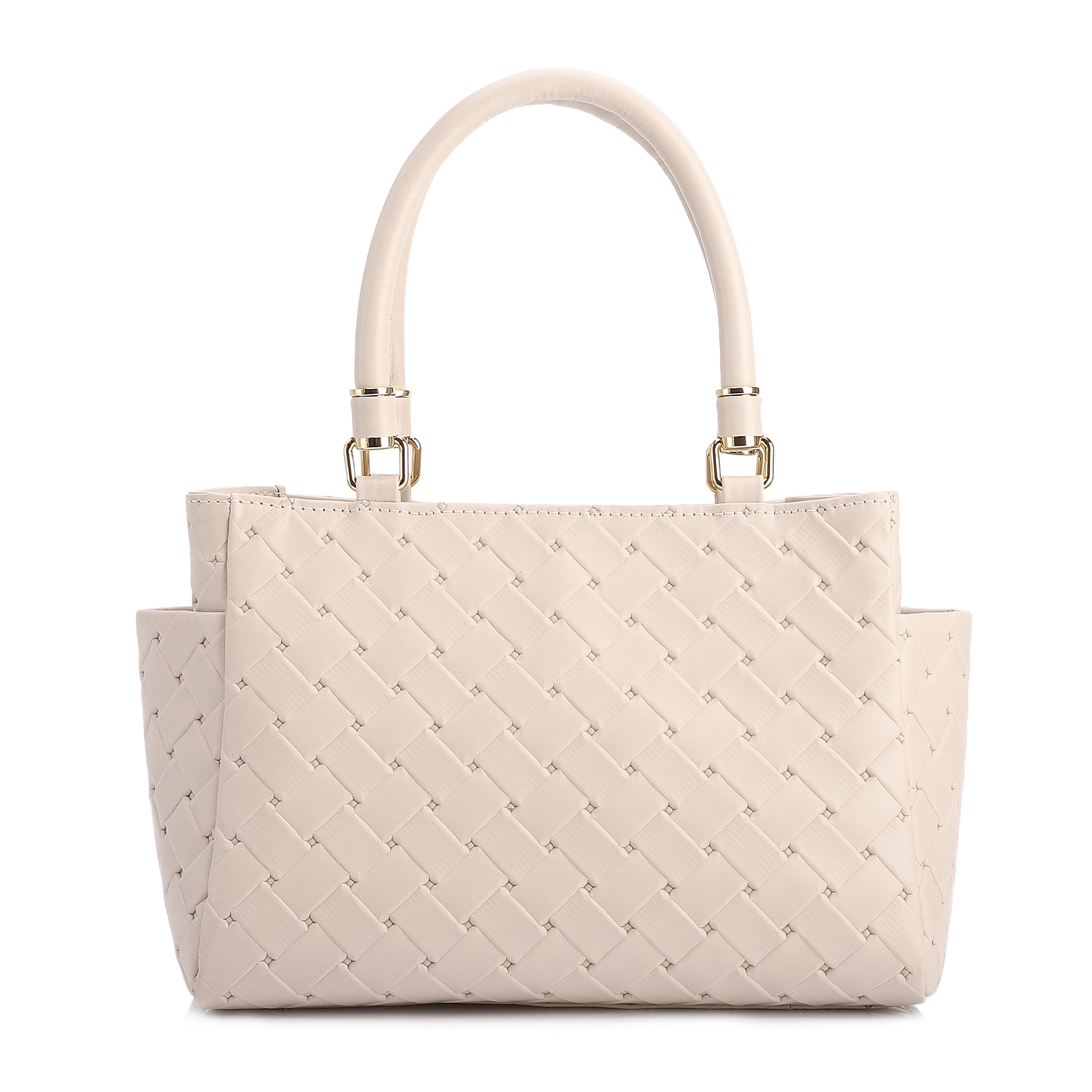 Bolsa De Mão Média Couro Textura Tressê Off White Bolso Lateral