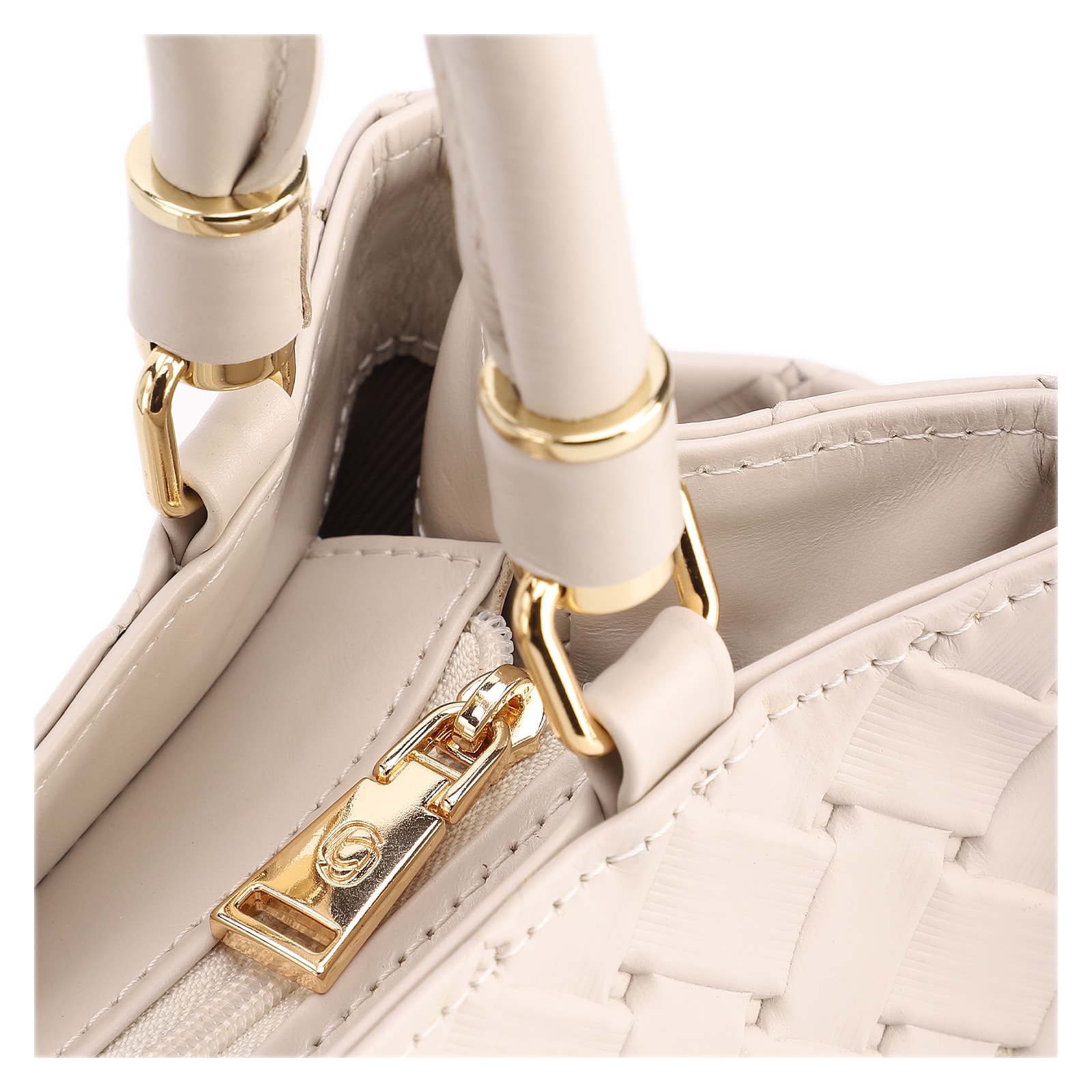 Bolsa De Mão Média Couro Textura Tressê Off White Bolso Lateral