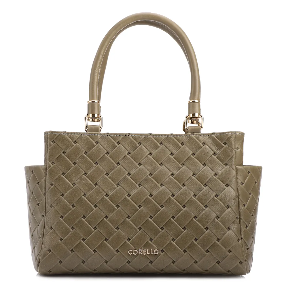 Bolsa De Mão Média Couro Textura Tressê Verde Bolso Lateral