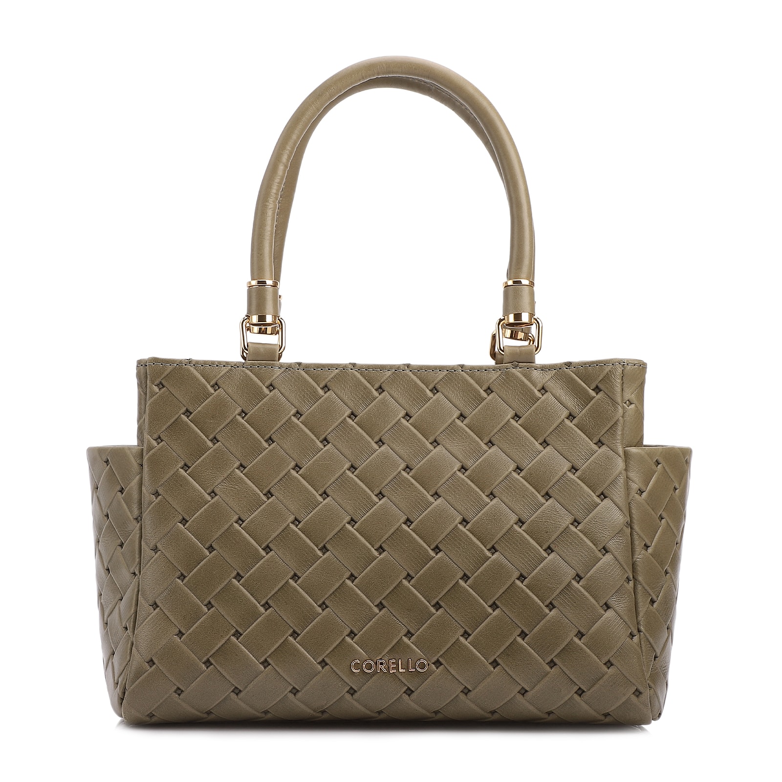 Bolsa De Mão Média Couro Textura Tressê Verde Bolso Lateral