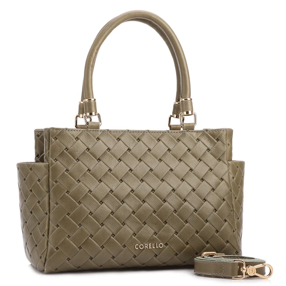 Bolsa De Mão Média Couro Textura Tressê Verde Bolso Lateral - imagem 2