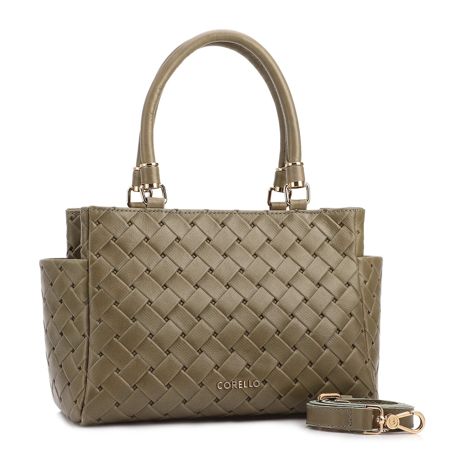 Bolsa De Mão Média Couro Textura Tressê Verde Bolso Lateral