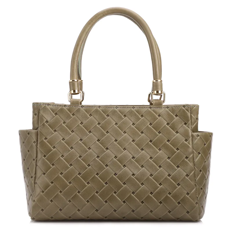 Bolsa De Mão Média Couro Textura Tressê Verde Bolso Lateral - foto 3