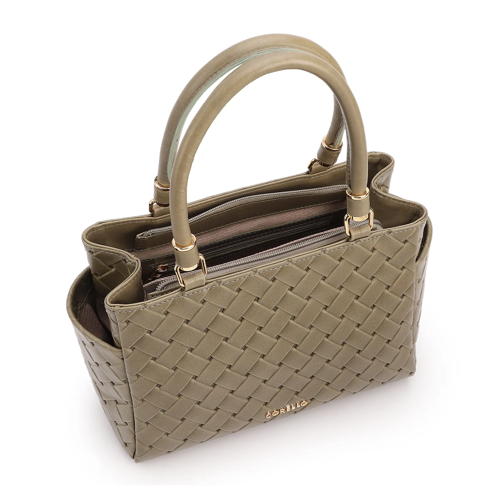Bolsa De Mão Média Couro Textura Tressê Verde Bolso Lateral