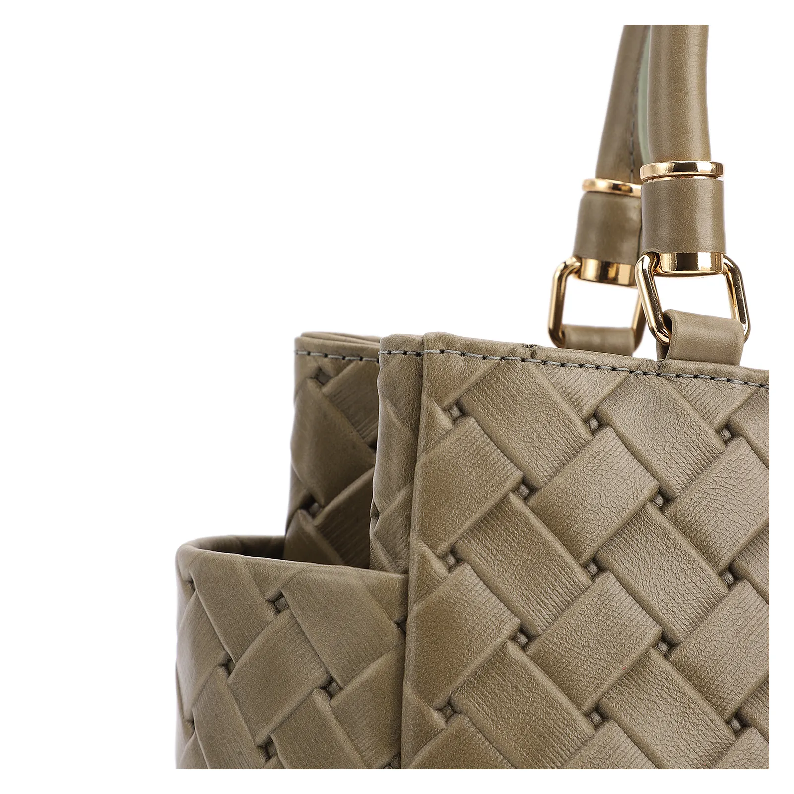 Bolsa De Mão Média Couro Textura Tressê Verde Bolso Lateral