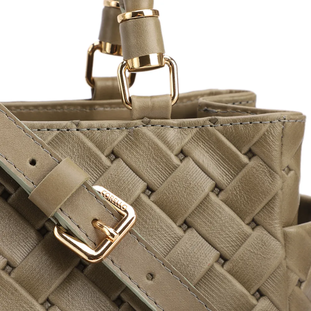 Bolsa De Mão Média Couro Textura Tressê Verde Bolso Lateral - imagem 8