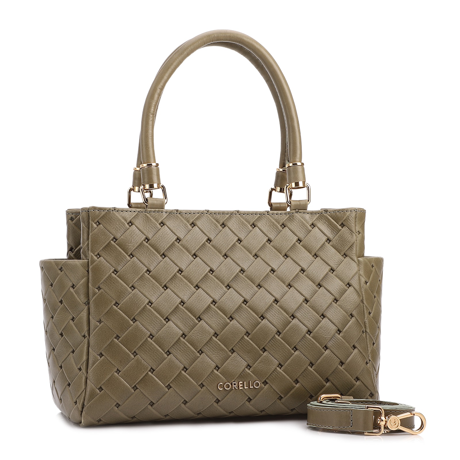 Bolsa De Mão Média Couro Textura Tressê Verde Bolso Lateral