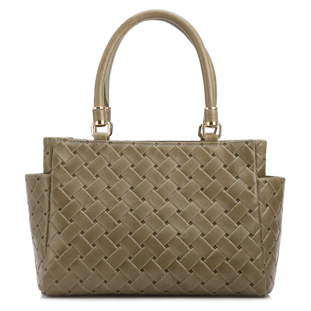 Bolsa De Mão Média Couro Textura Tressê Verde Bolso Lateral - imagem 3