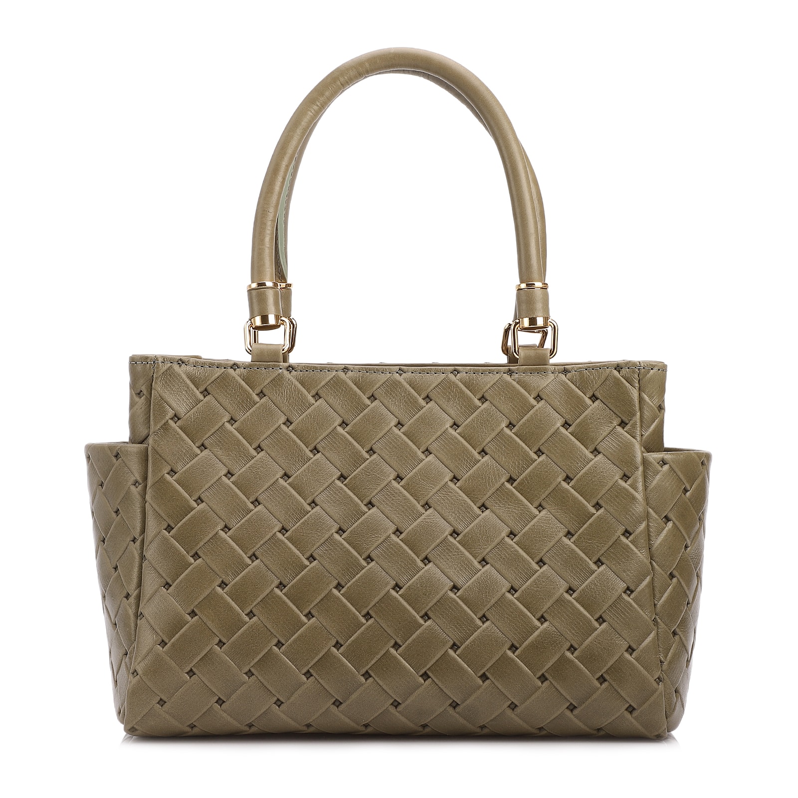 Bolsa De Mão Média Couro Textura Tressê Verde Bolso Lateral