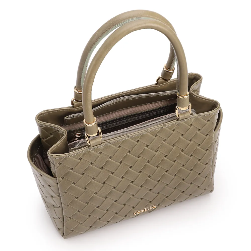 Bolsa De Mão Média Couro Textura Tressê Verde Bolso Lateral - imagem 4