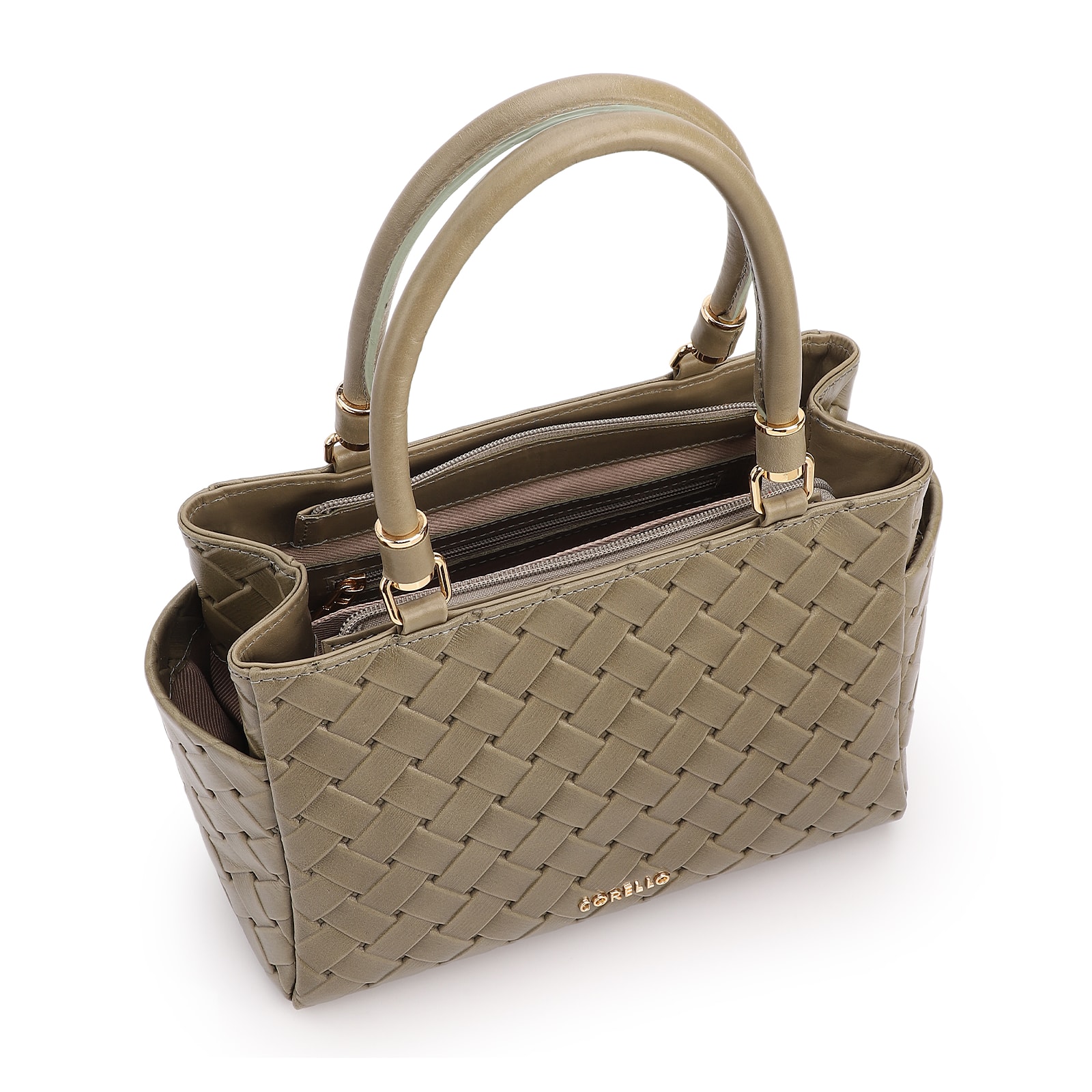 Bolsa De Mão Média Couro Textura Tressê Verde Bolso Lateral