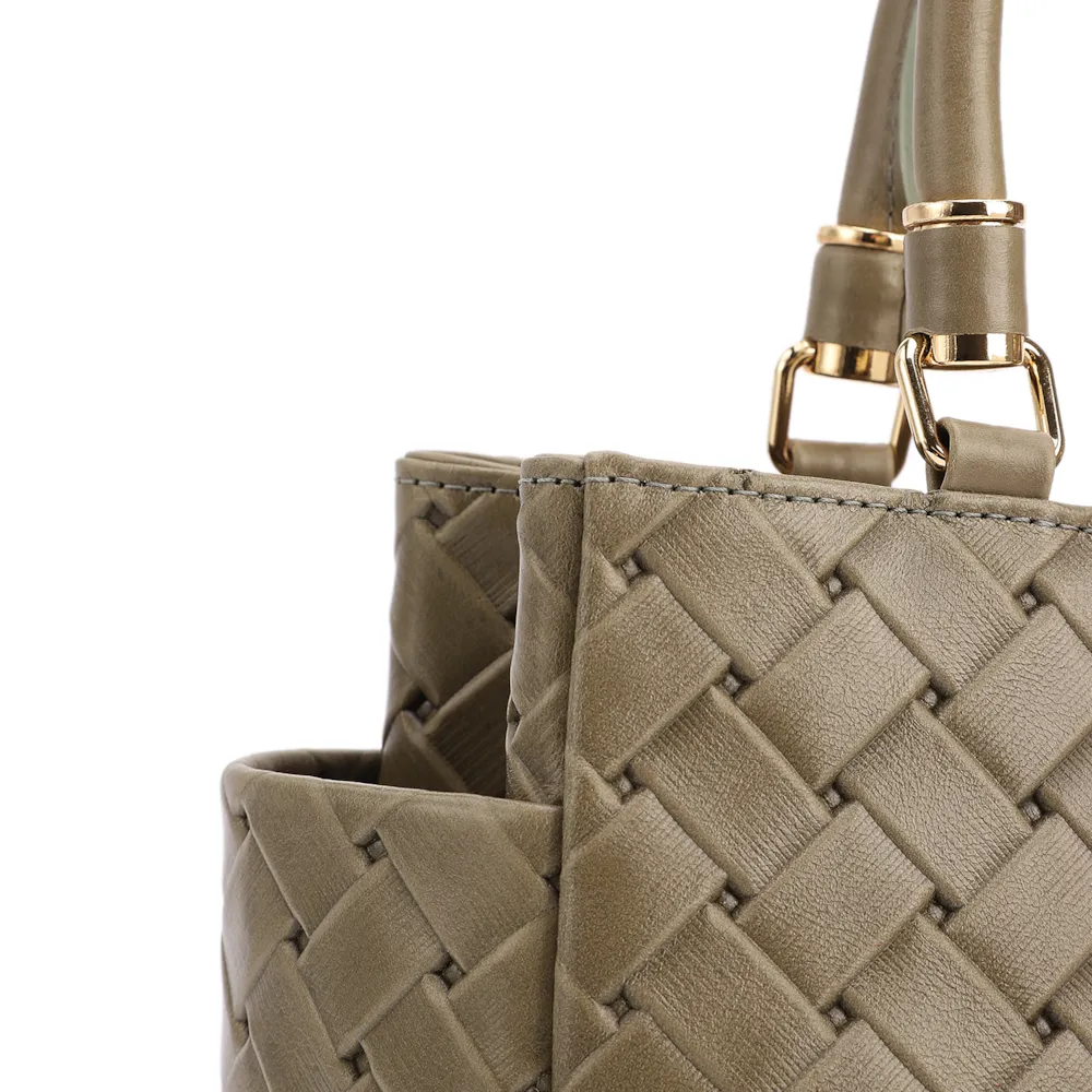 Bolsa De Mão Média Couro Textura Tressê Verde Bolso Lateral - imagem 6