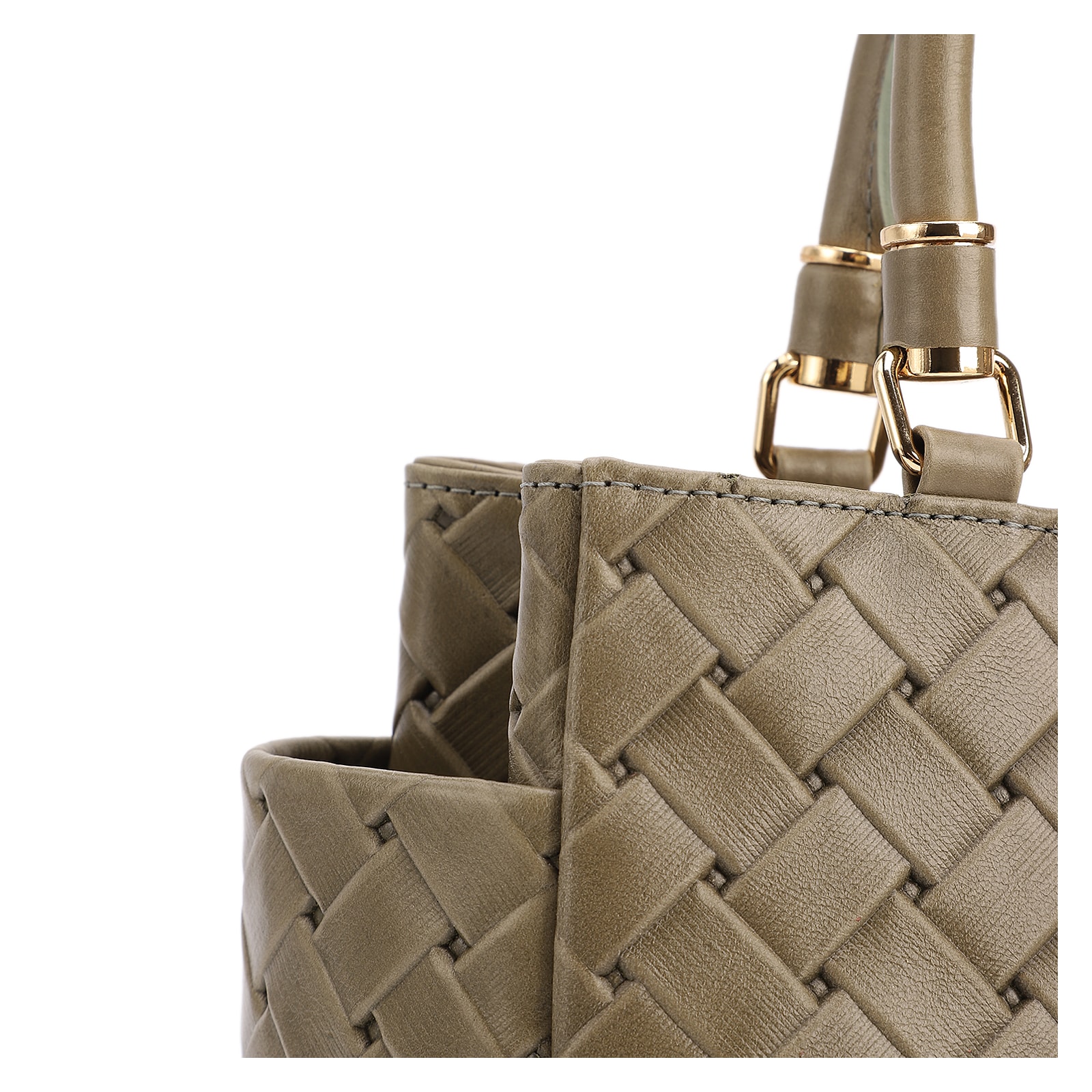 Bolsa De Mão Média Couro Textura Tressê Verde Bolso Lateral