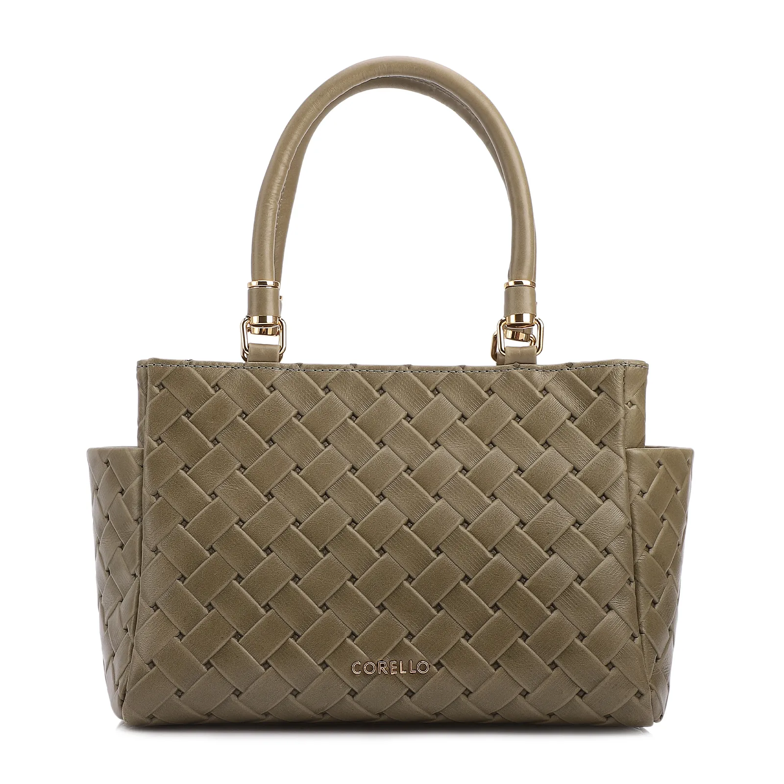 Bolsa De Mão Média Couro Textura Tressê Verde Bolso Lateral