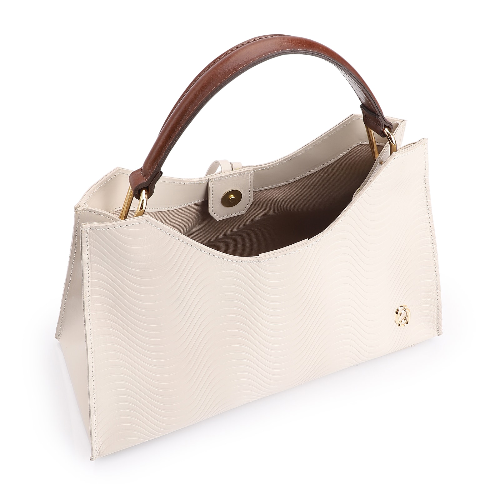 Bolsa De Mão Ondas Couro Off White/Couro Marrom