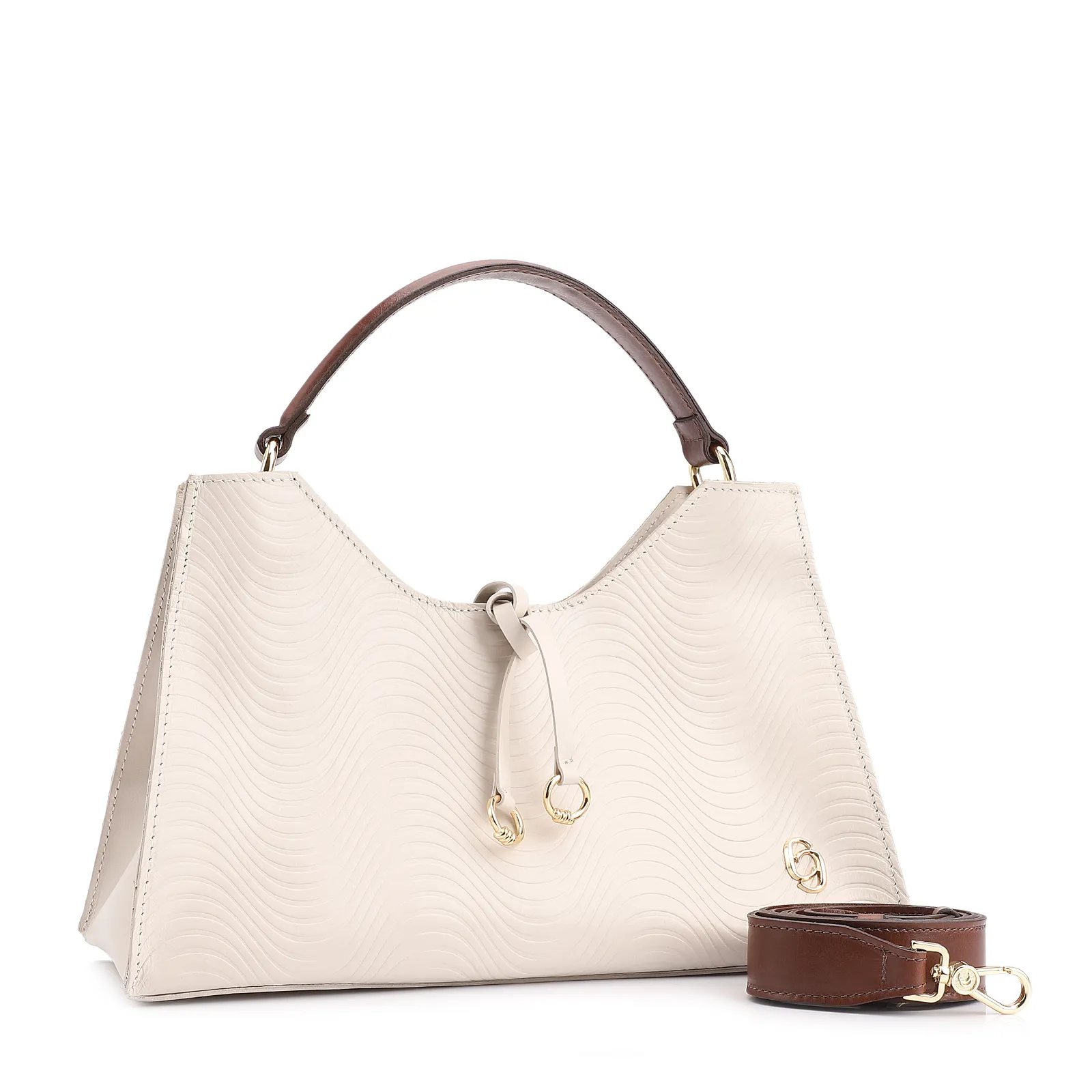 Bolsa De Mão Ondas Couro Off White/Couro Marrom