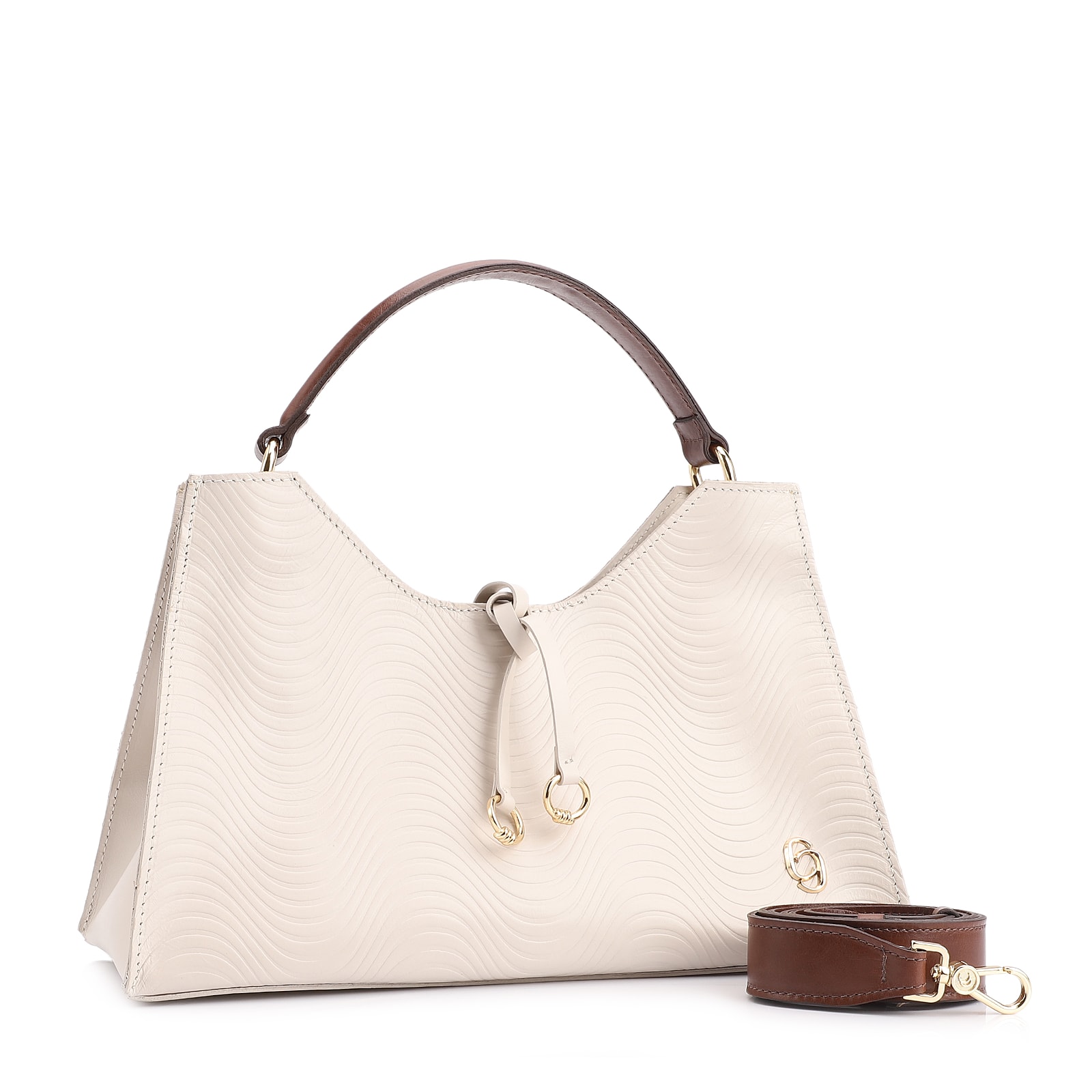 Bolsa De Mão Ondas Couro Off White/Couro Marrom
