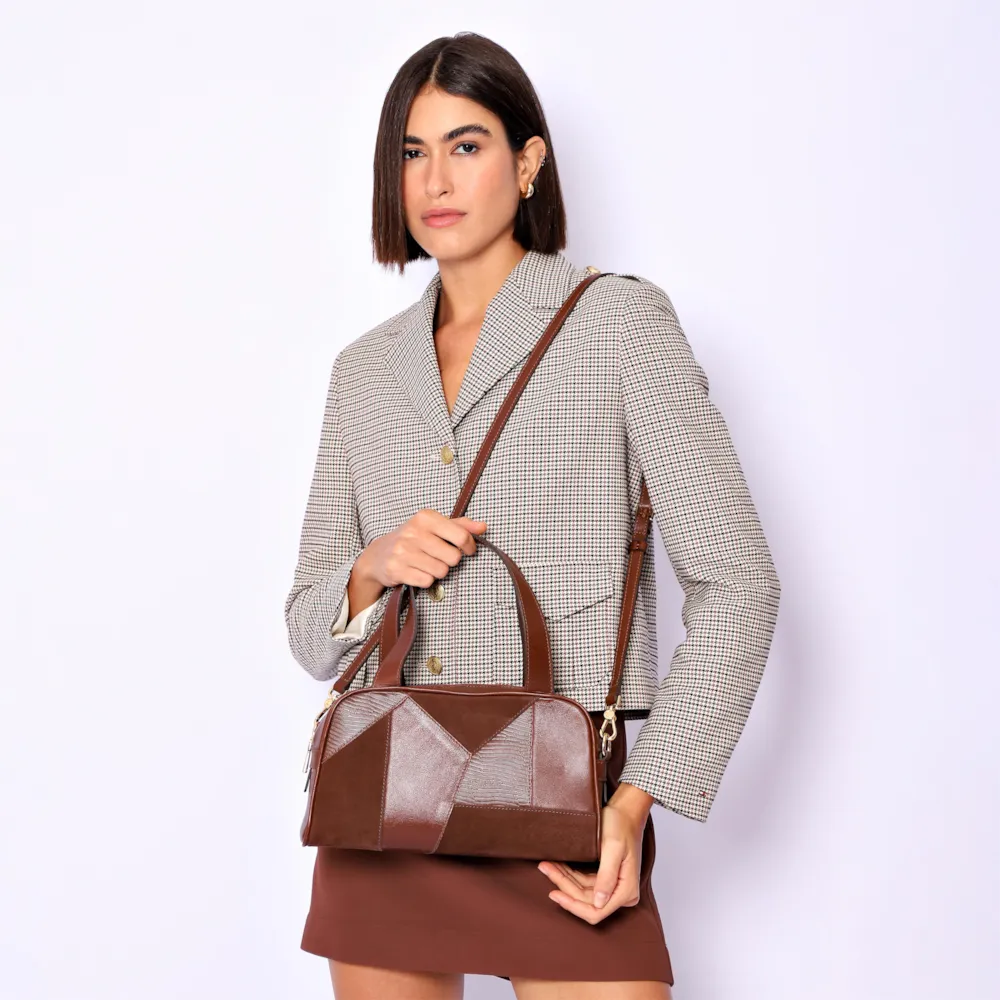 Bolsa De Mão Patchwork Couro Marrom - imagem 2