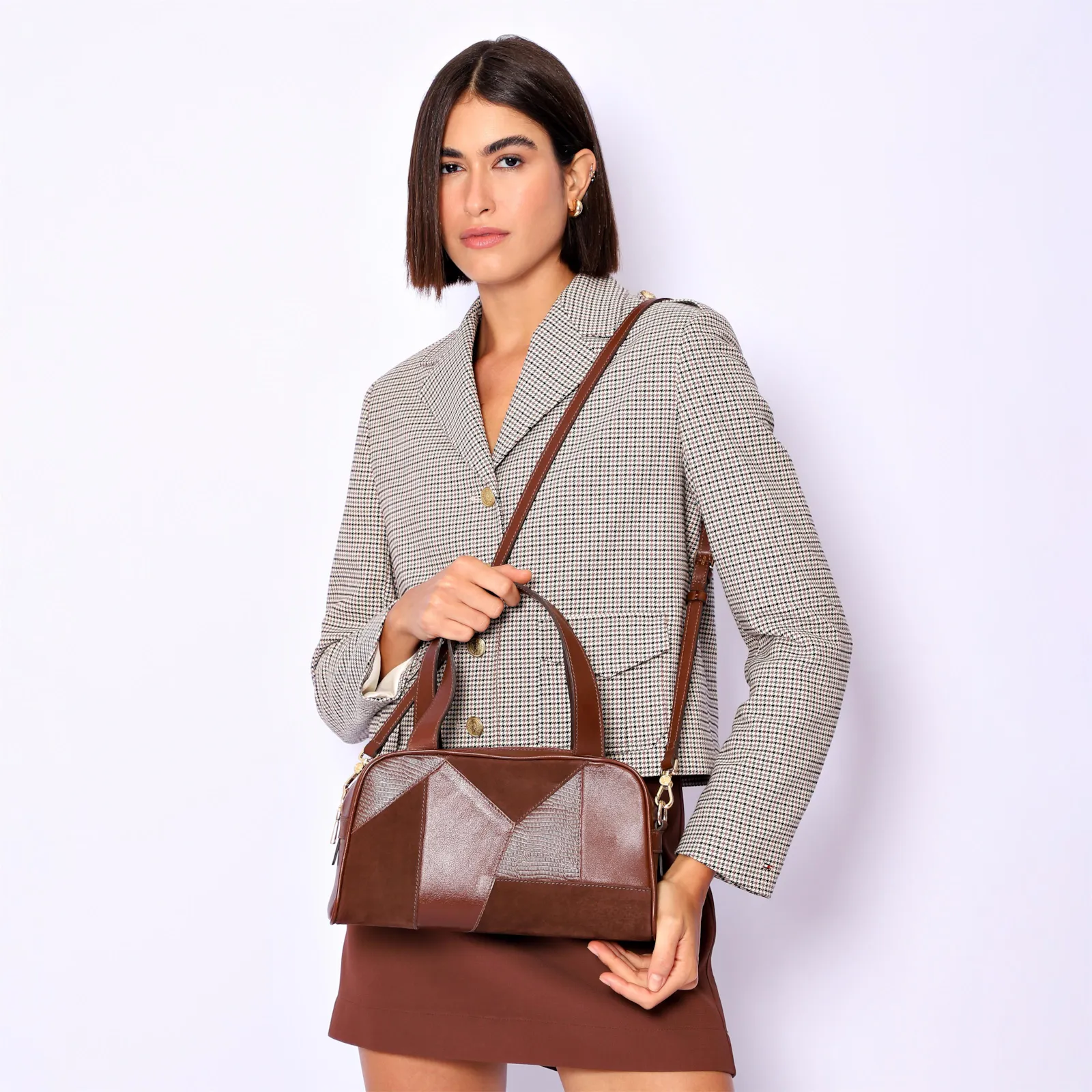 Bolsa De Mão Patchwork Couro Marrom