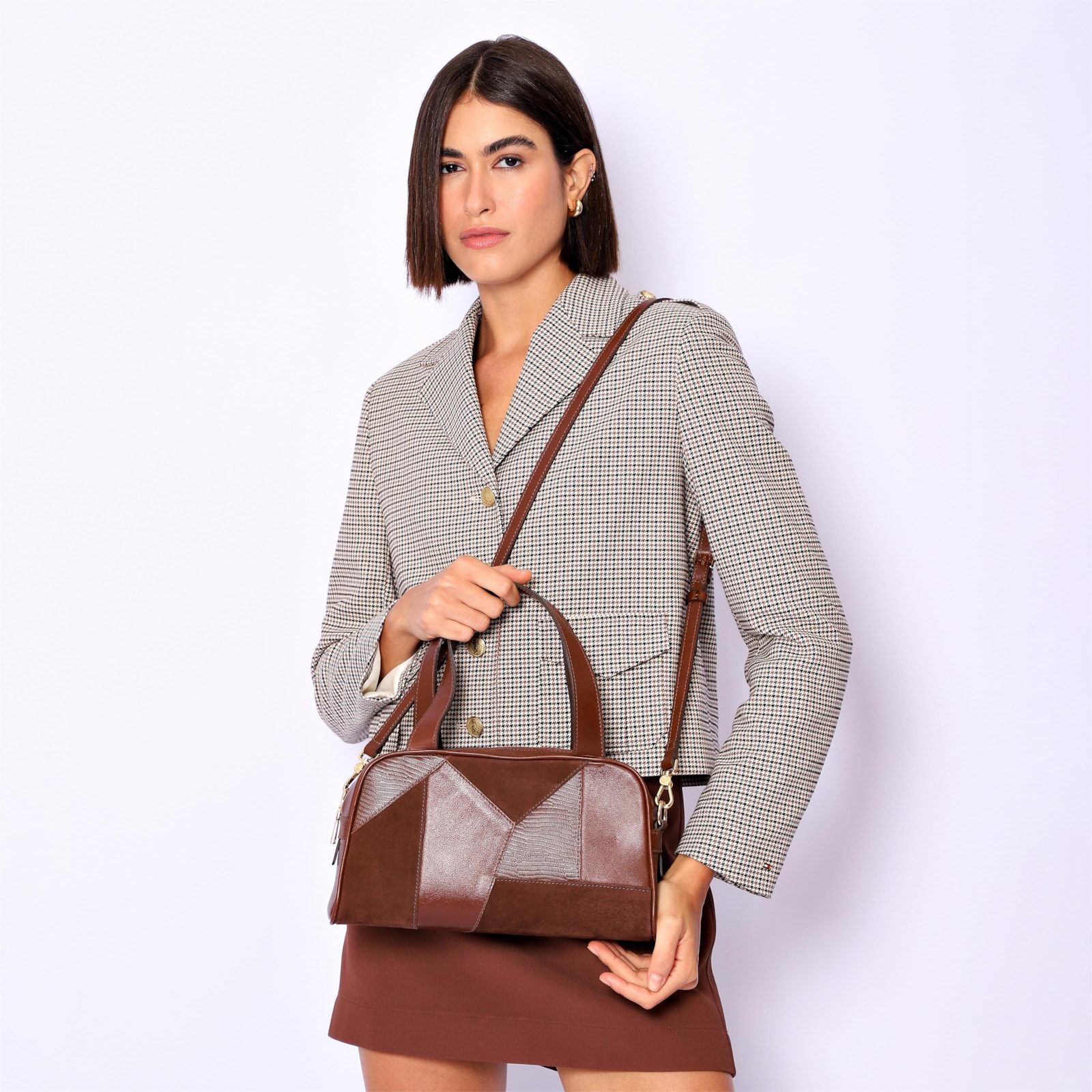 Bolsa De Mão Patchwork Couro Marrom