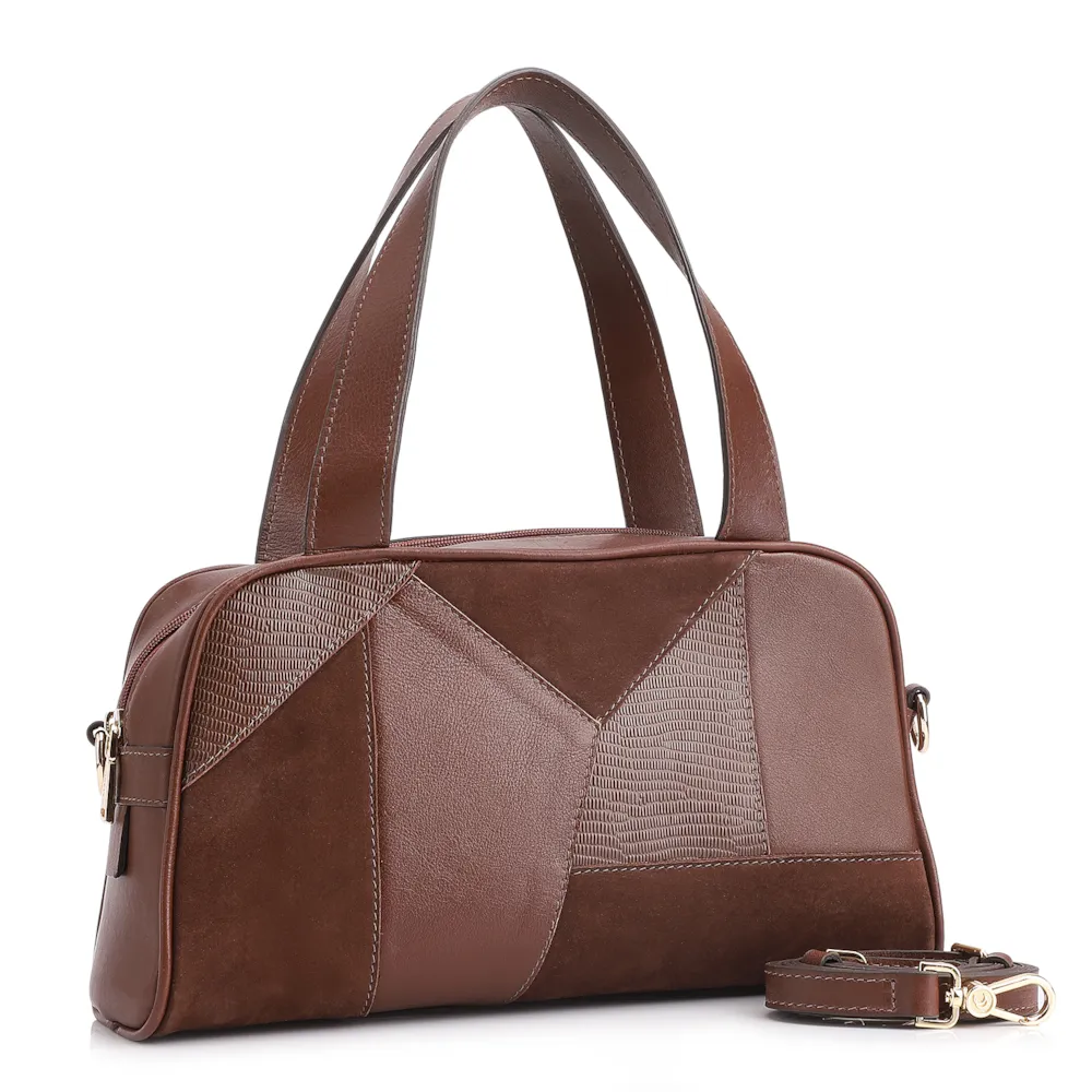 Bolsa De Mão Patchwork Couro Marrom - imagem 3