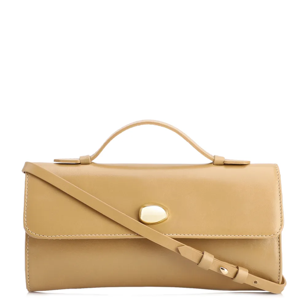 Bolsa De Mão Pequena Couro Bege Aplique Dourado