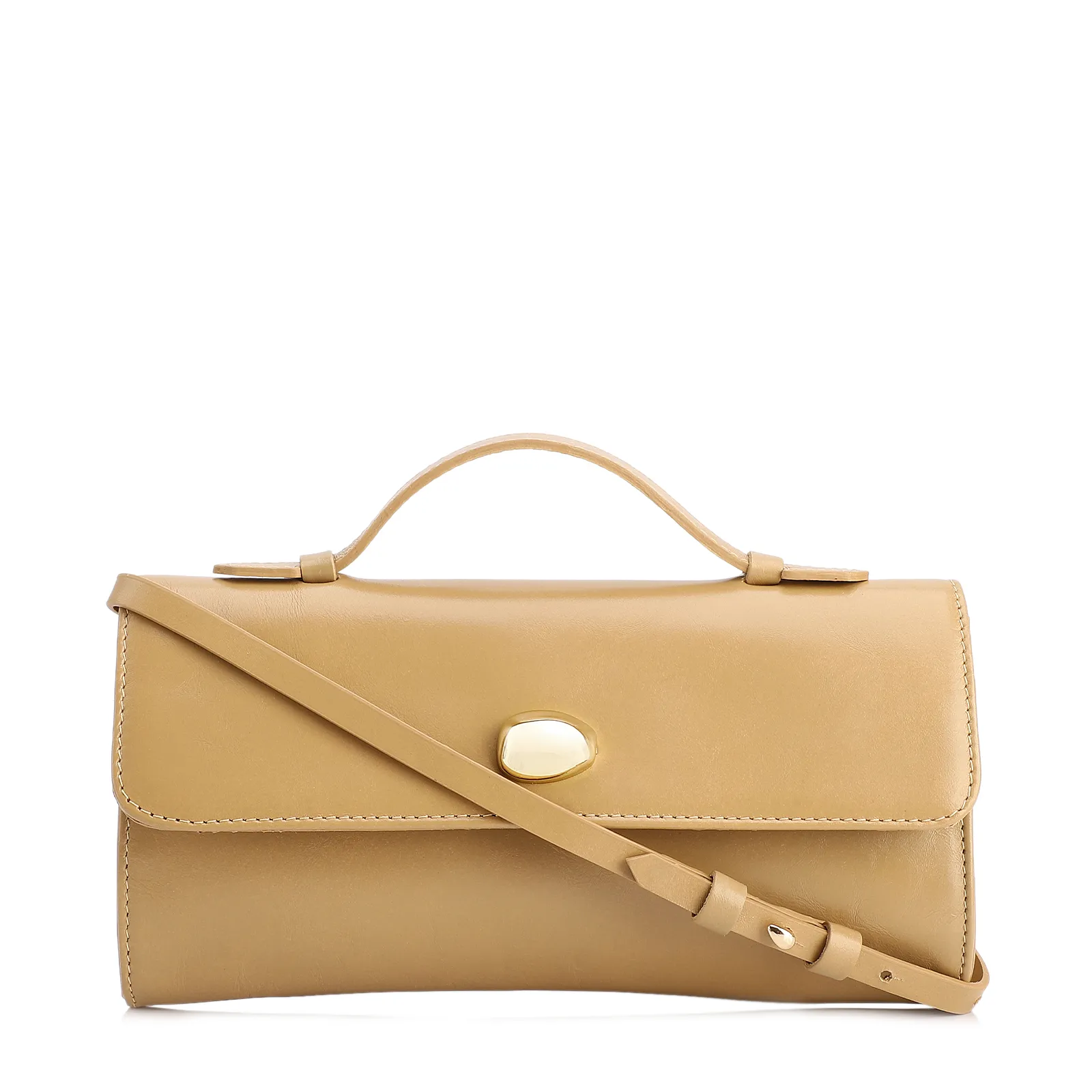 Bolsa De Mão Pequena Couro Bege Aplique Dourado