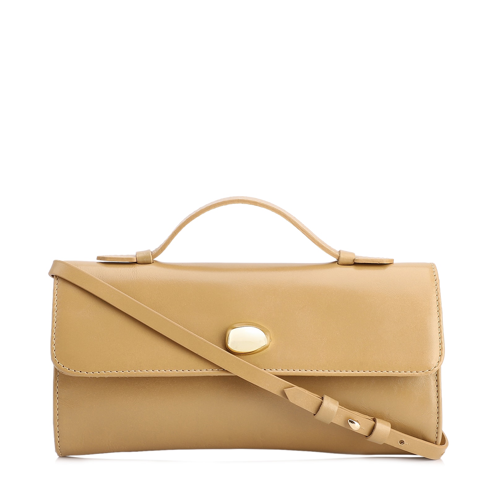 Bolsa De Mão Pequena Couro Bege Aplique Dourado