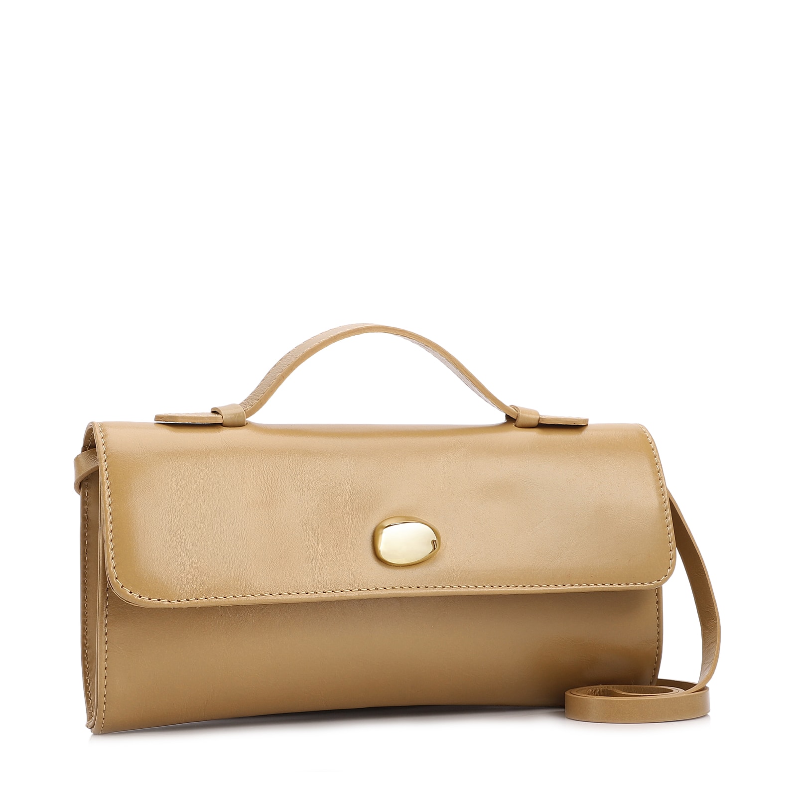 Bolsa De Mão Pequena Couro Bege Aplique Dourado