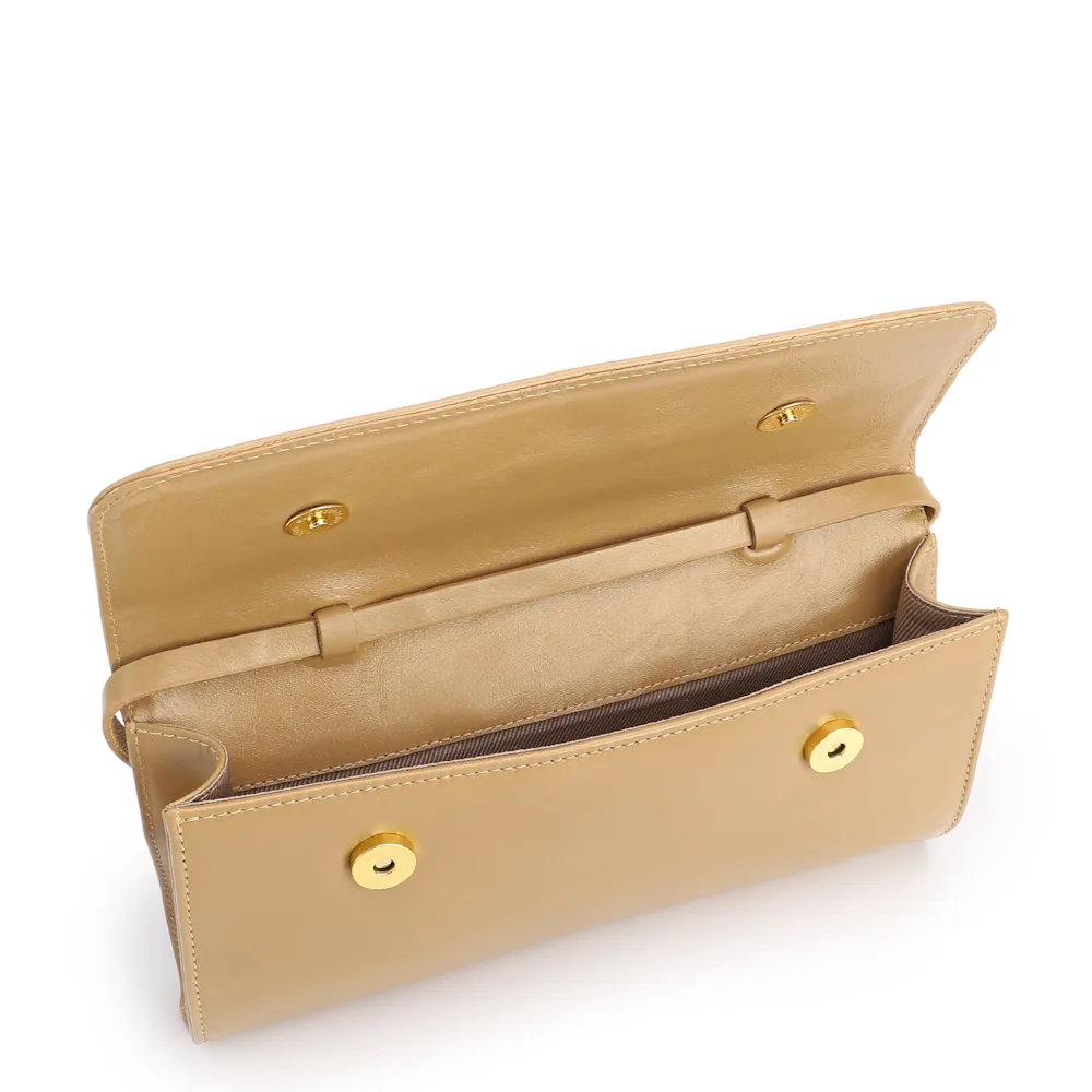 Bolsa De Mão Pequena Couro Bege Aplique Dourado - imagem 5