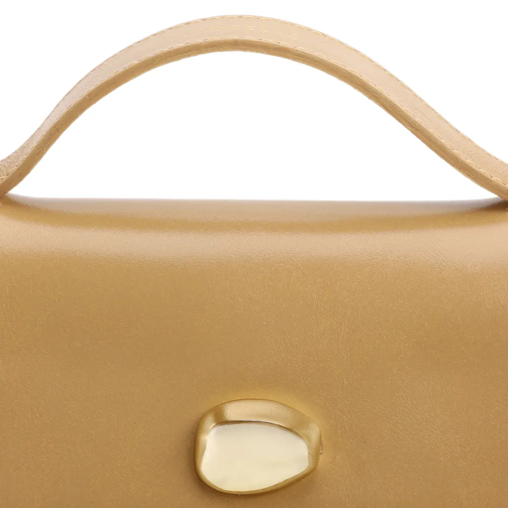 Bolsa De Mão Pequena Couro Bege Aplique Dourado - imagem 7