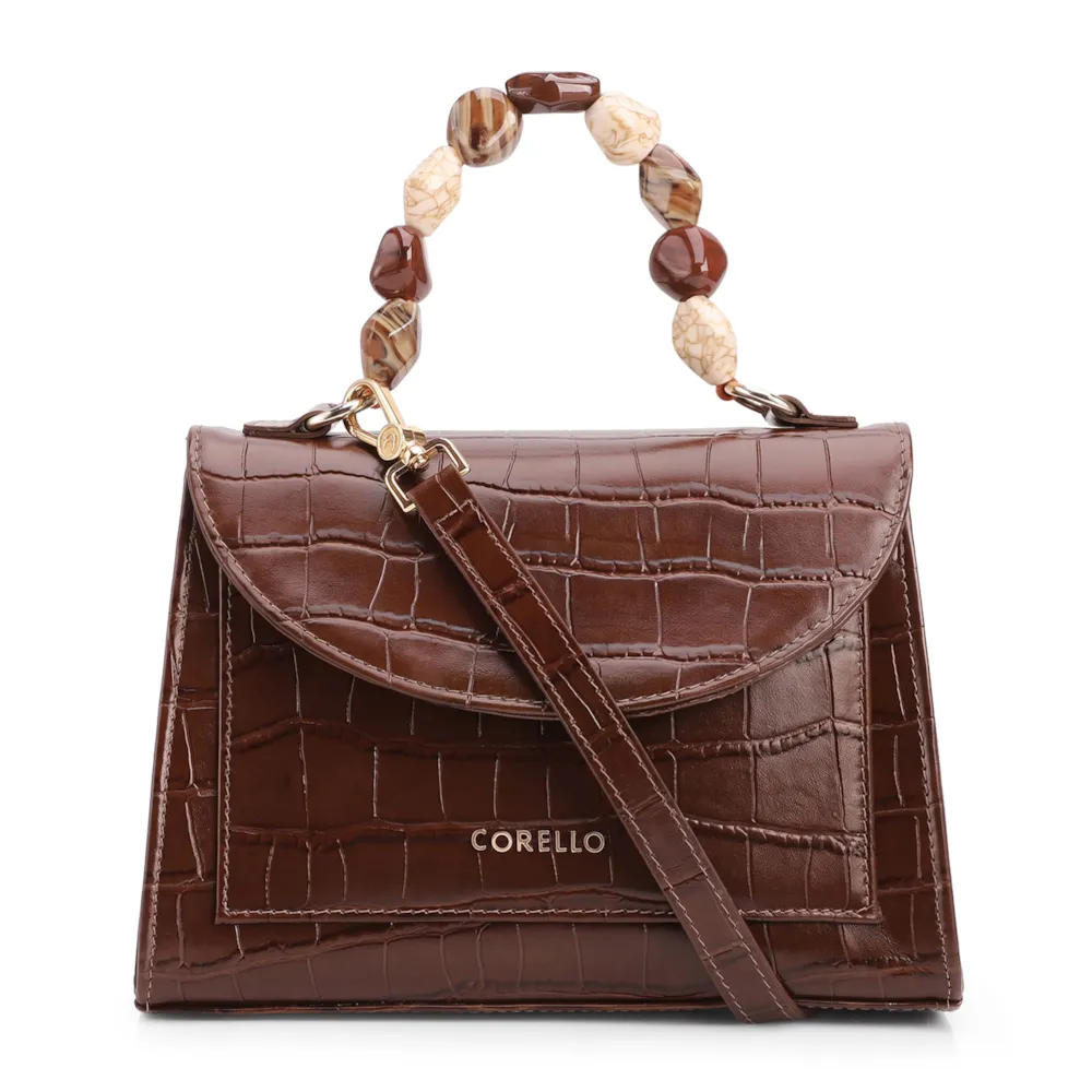 Bolsa De Mão Pequena Couro Croco Marrom Alça Pedras