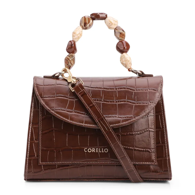 Bolsa De Mão Pequena Couro Croco Marrom Alça Pedras