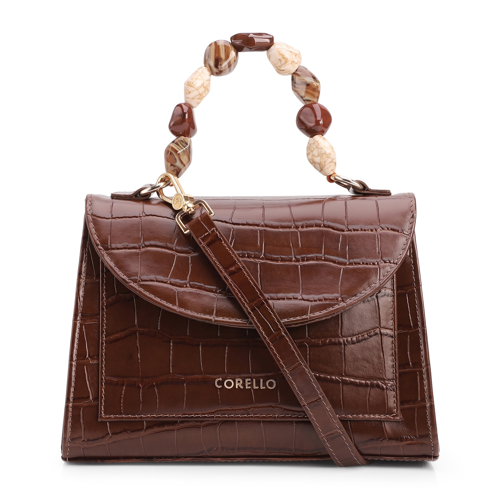Bolsa De Mão Pequena Couro Croco Marrom Alça Pedras