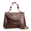 Bolsa De Mão Pequena Couro Croco Marrom Alça Pedras - imagem 2