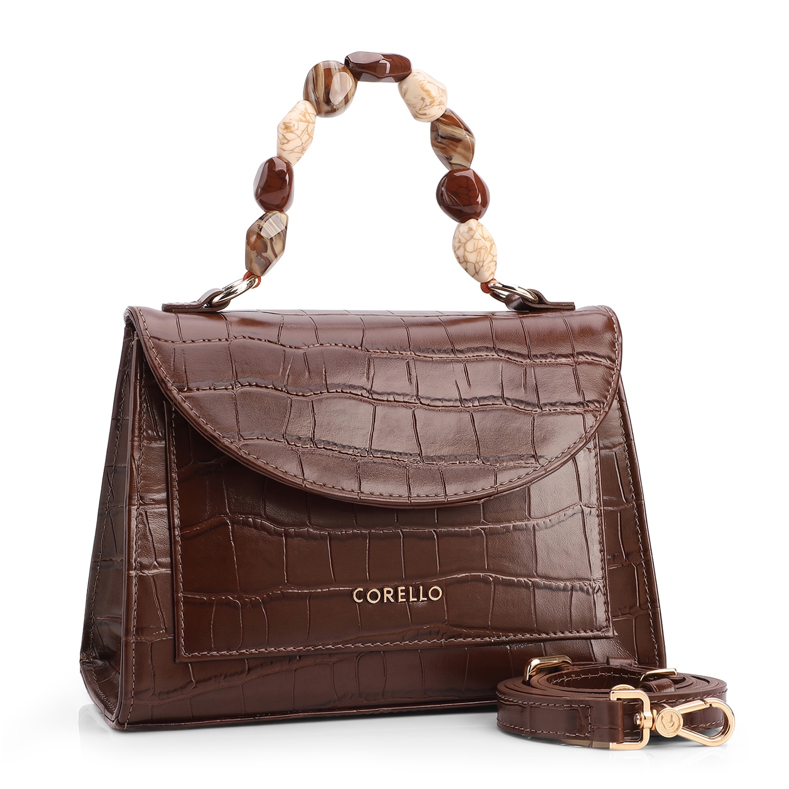Bolsa De Mão Pequena Couro Croco Marrom Alça Pedras