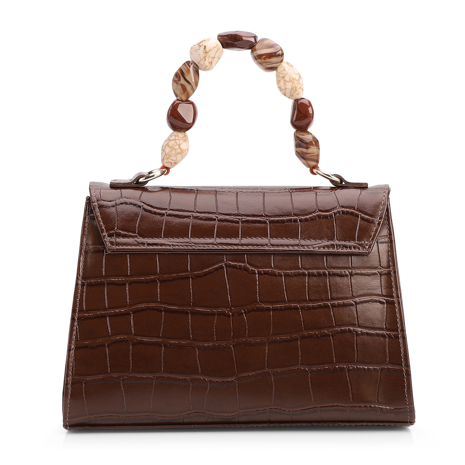 Bolsa De Mão Pequena Couro Croco Marrom Alça Pedras