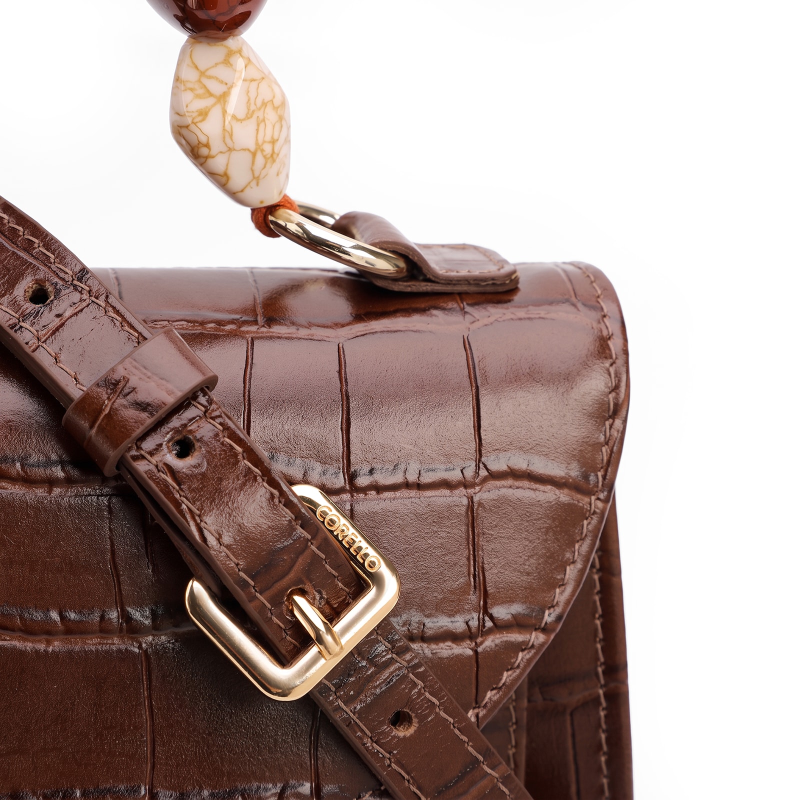 Bolsa De Mão Pequena Couro Croco Marrom Alça Pedras