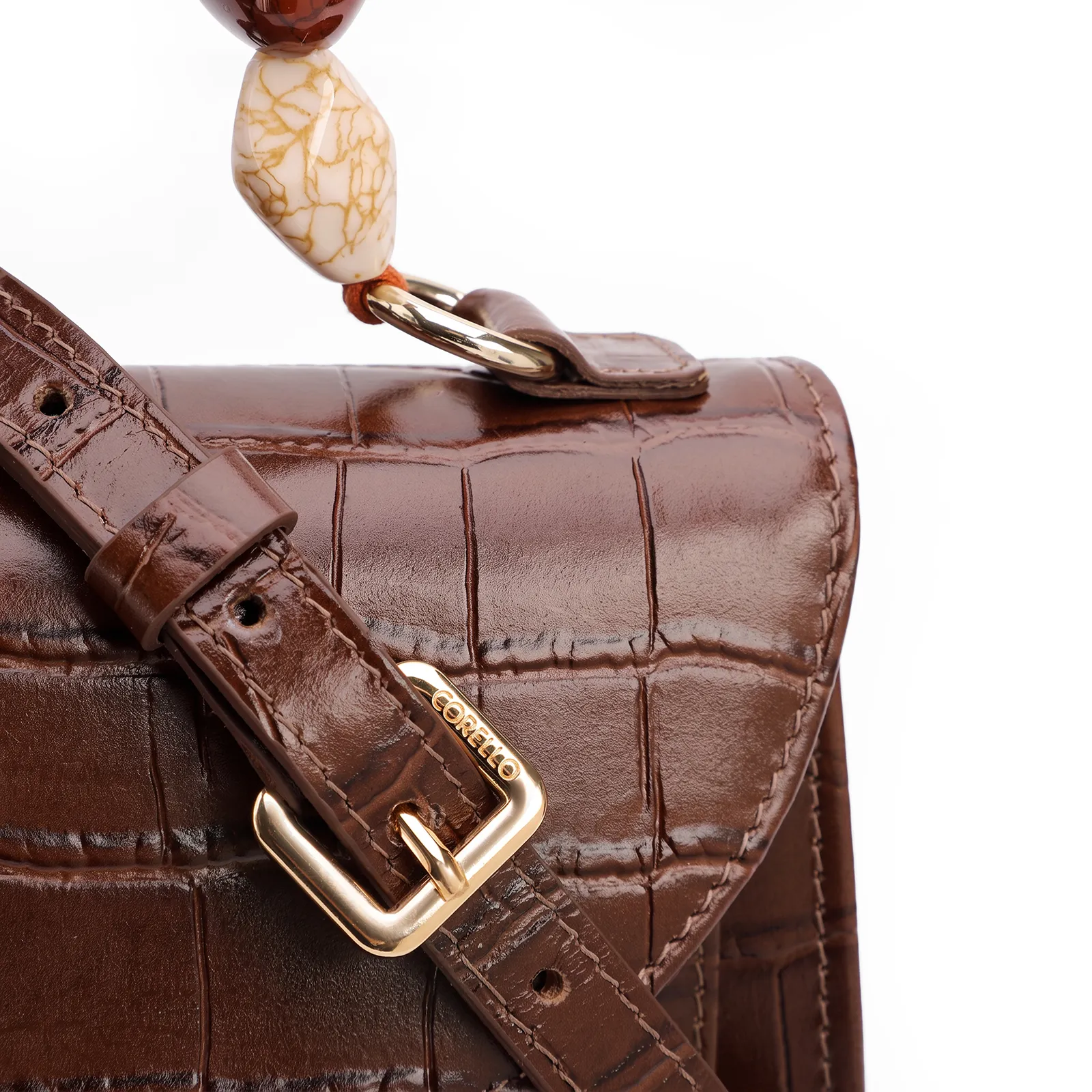 Bolsa De Mão Pequena Couro Croco Marrom Alça Pedras
