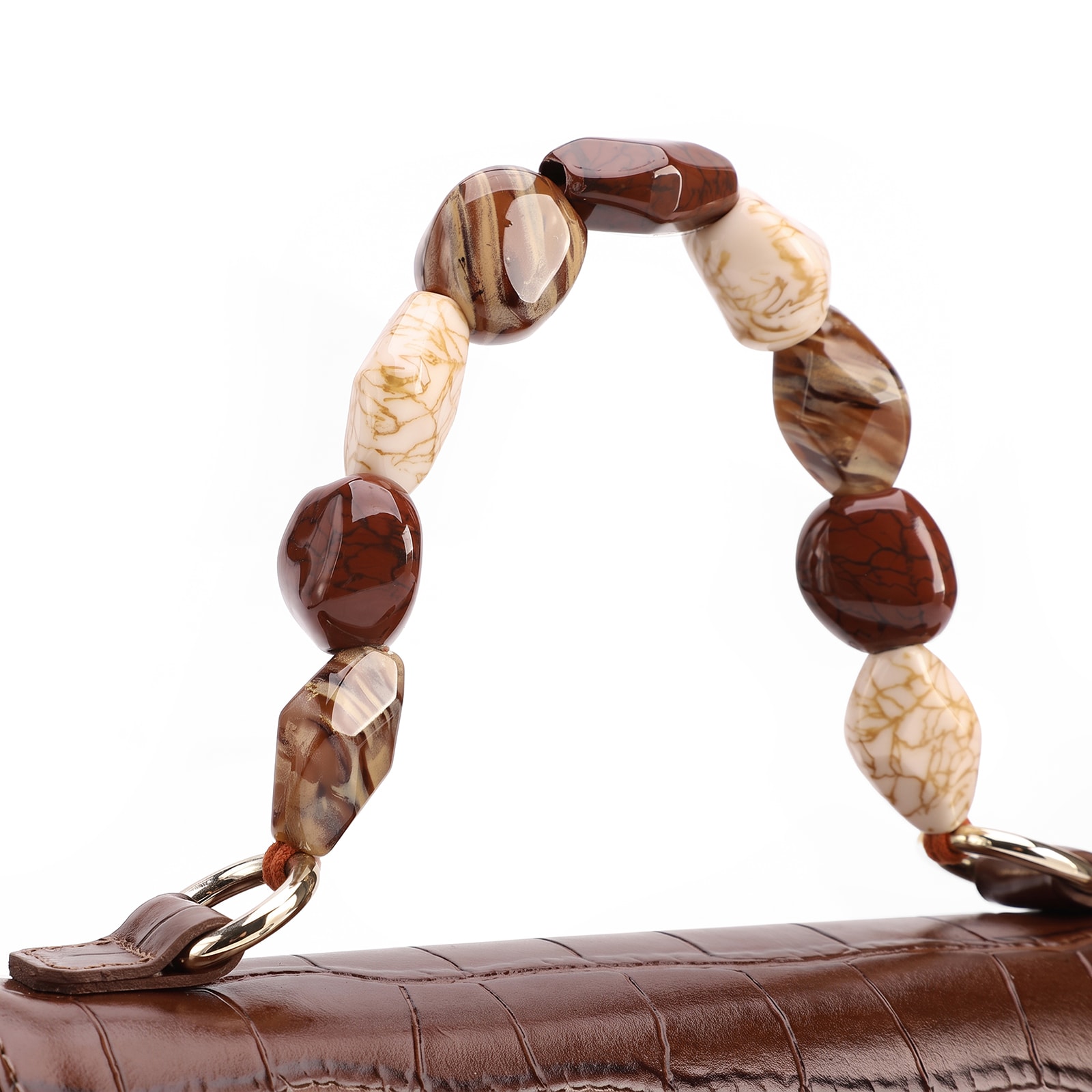 Bolsa De Mão Pequena Couro Croco Marrom Alça Pedras