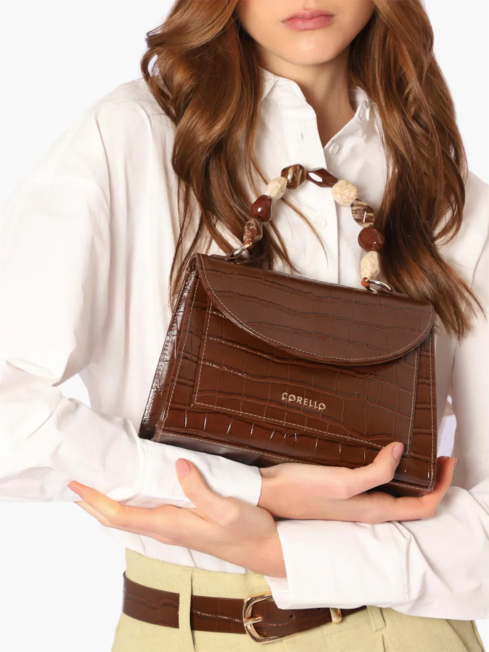 Bolsa De Mão Pequena Couro Croco Marrom Alça Pedras - imagem 3