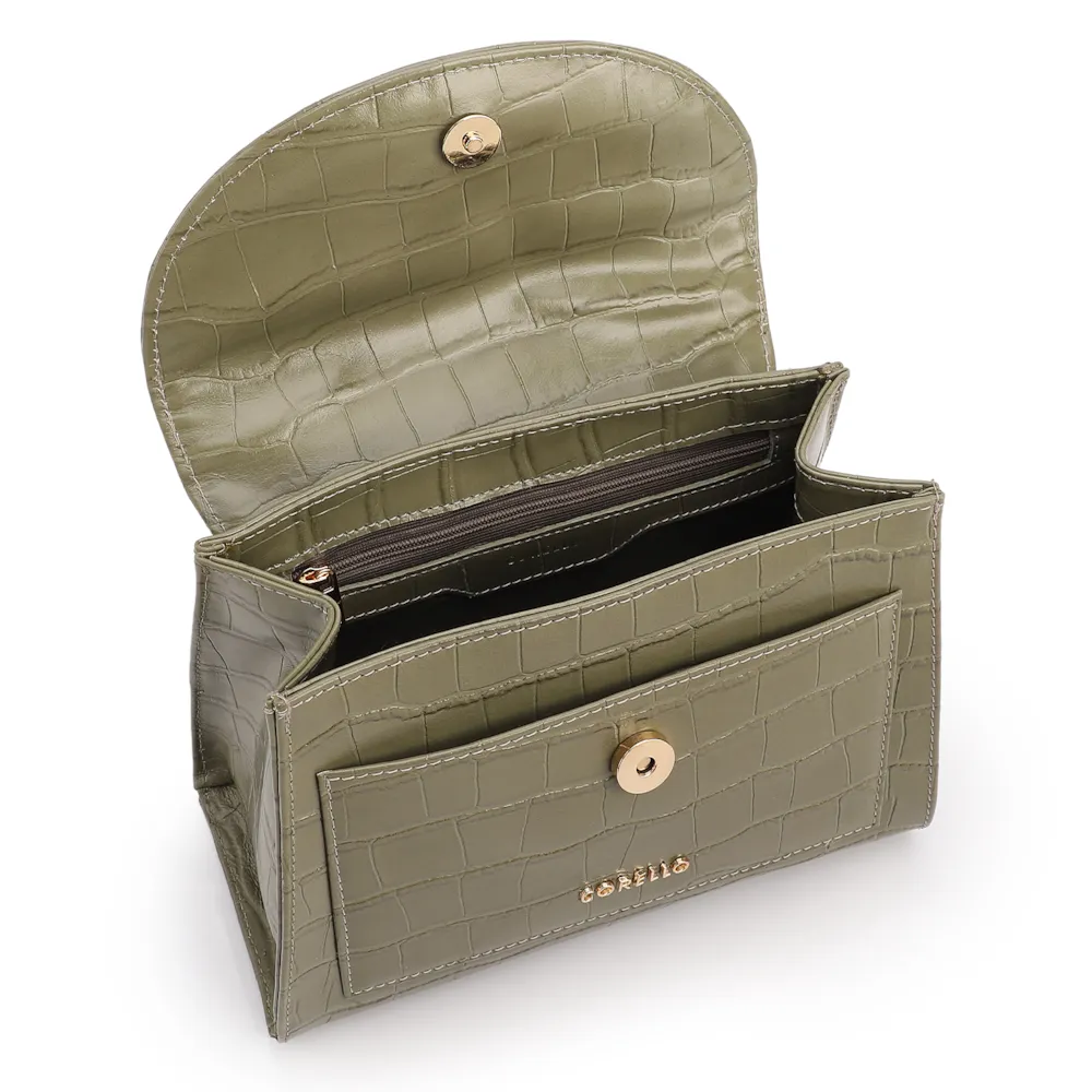 Bolsa De Mão Pequena Couro Croco Verde Alça Pedras - imagem 4