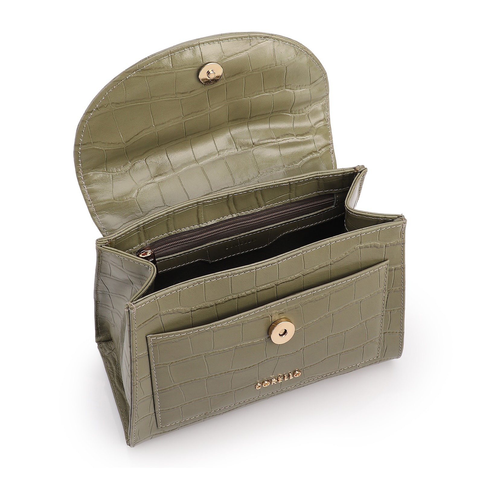 Bolsa De Mão Pequena Couro Croco Verde Alça Pedras